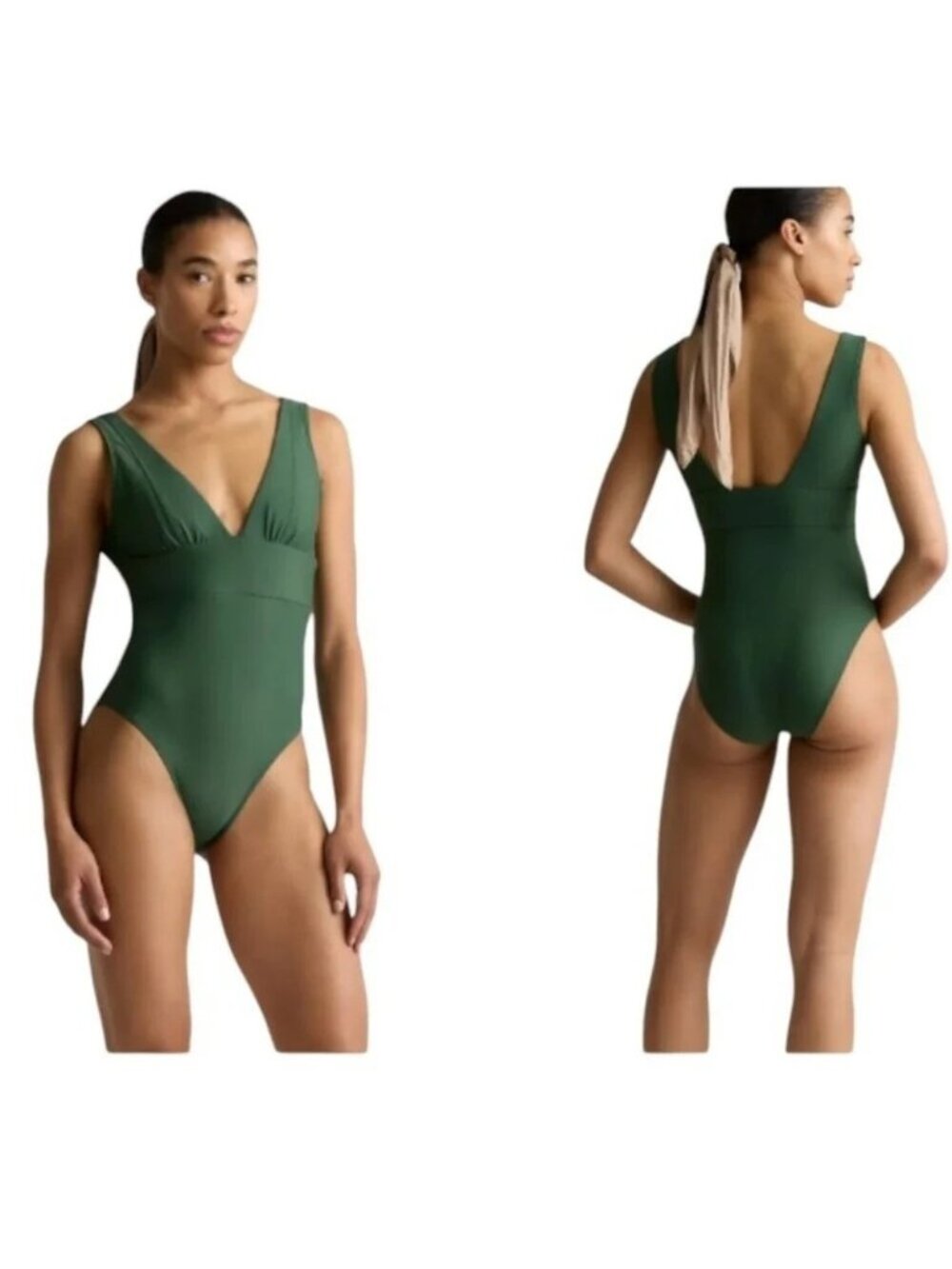 Quince Women's Dark Green XL One-Piece Swimsuit Italian Plunge Neckline